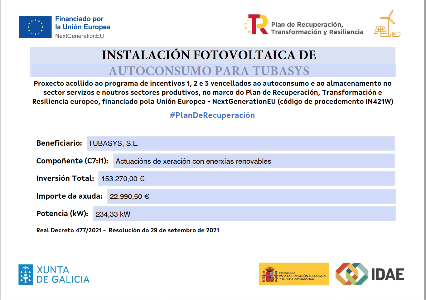 Instalación Fotovoltaica de Autoconsumo para Tubasys